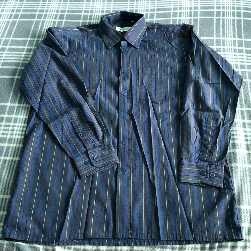PROMISE Cotton Long Sleeve Button Down Shirt Stripped Blue/Gray